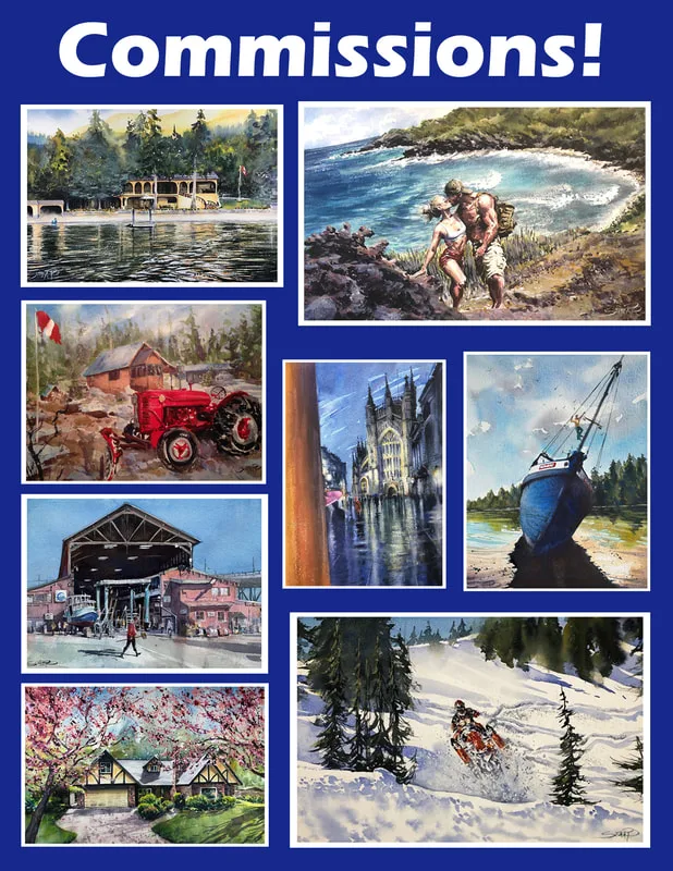 A montage of different watercolour paintings all with white borders on a dark blue background with the word 'commissions' as a header.