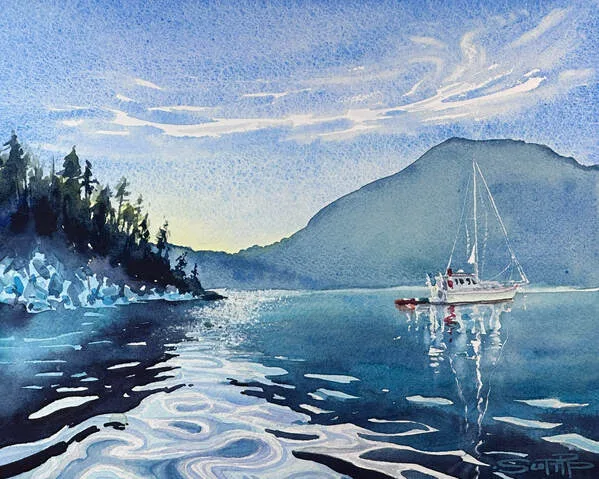 A watercolour painting by Scott Pleydell-Pearce showing a yacht anchored in calm glassy waters at Desolation Sound, British Columbia. 