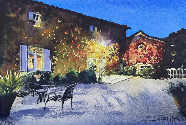 A watercolour painting by Scott Pleydell-Pearce of a french farmhouse at nighttime.