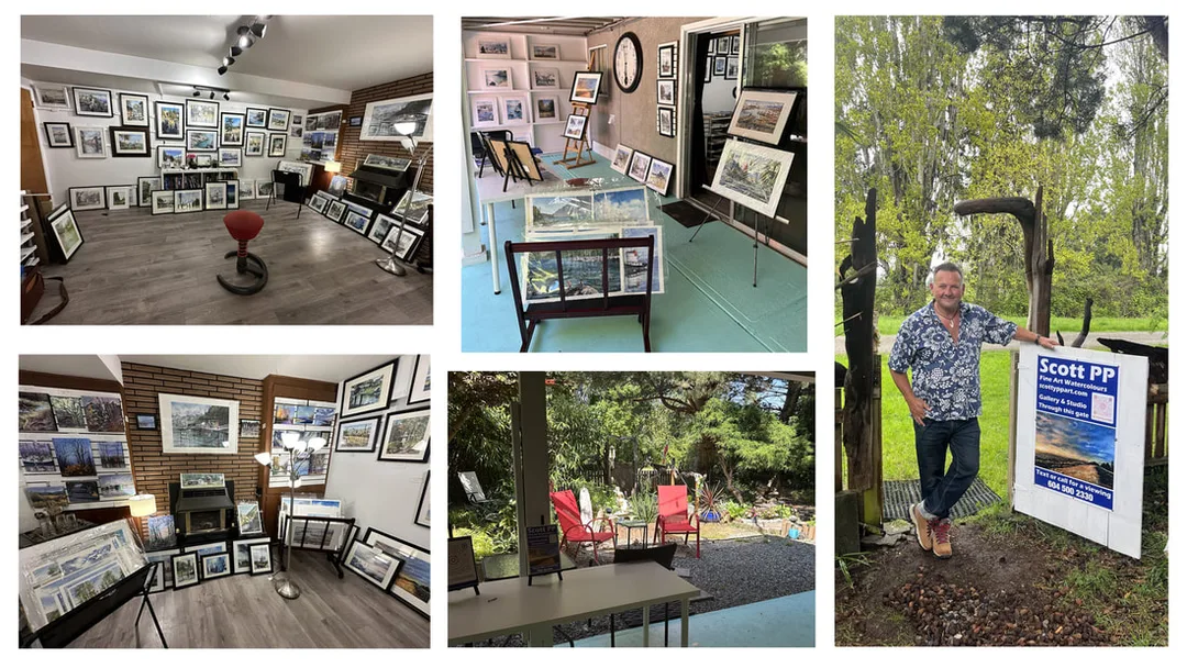 A montage of photographs showing the interior and exterior of an art gallery and garden.