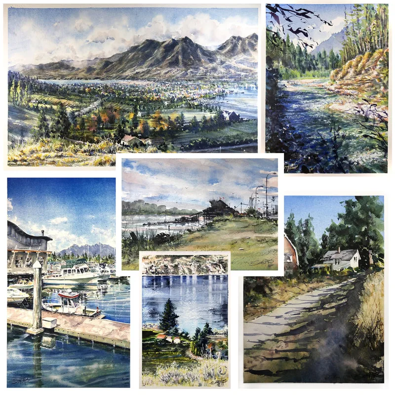 A montage of six watercolour paintings of different landscapes