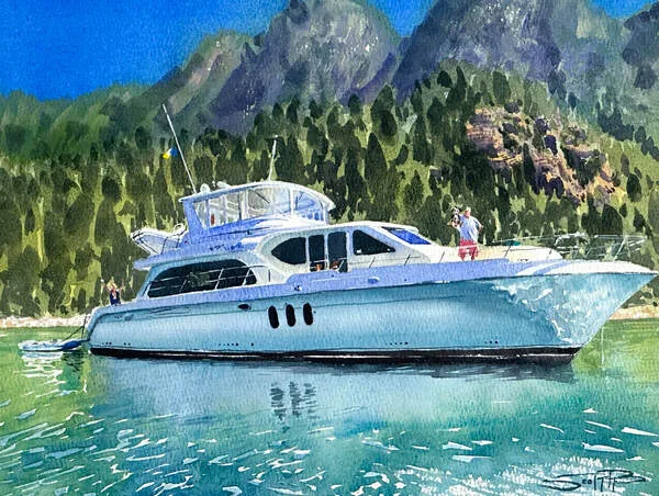 A watercolour painting by Scott Pleydell-Pearce showing a man holding his dog onboard a large white boat, the water reflects the boat and the green trees and mountains behind.