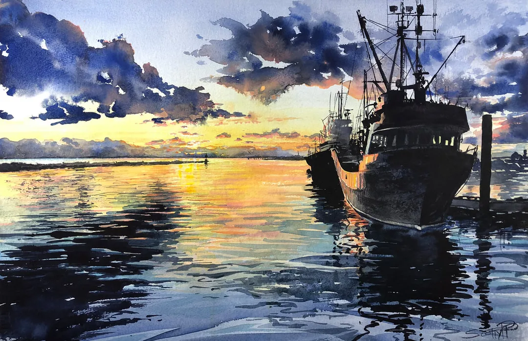 A watercolour painting by Scott Pleydell-Pearce showing fishing trawlers at anchor in Steveston harbour with a setting sun. Colourful yellows and oranges contrast against cool blues of the water.