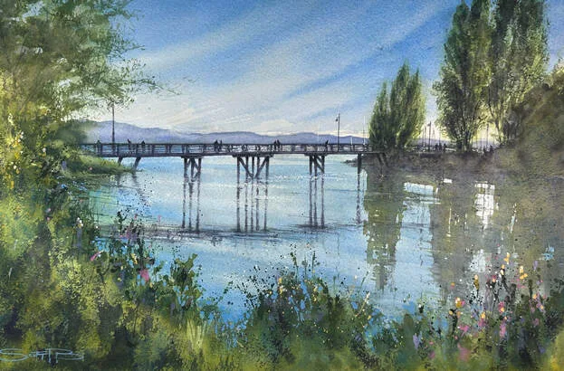 A watercolour painting by Scott Pleydell-Pearce showing the footbridge at Phoenix pond in Steveston. The surrounding trees reflect in the calm water and foreground shrubs vignette the painting.