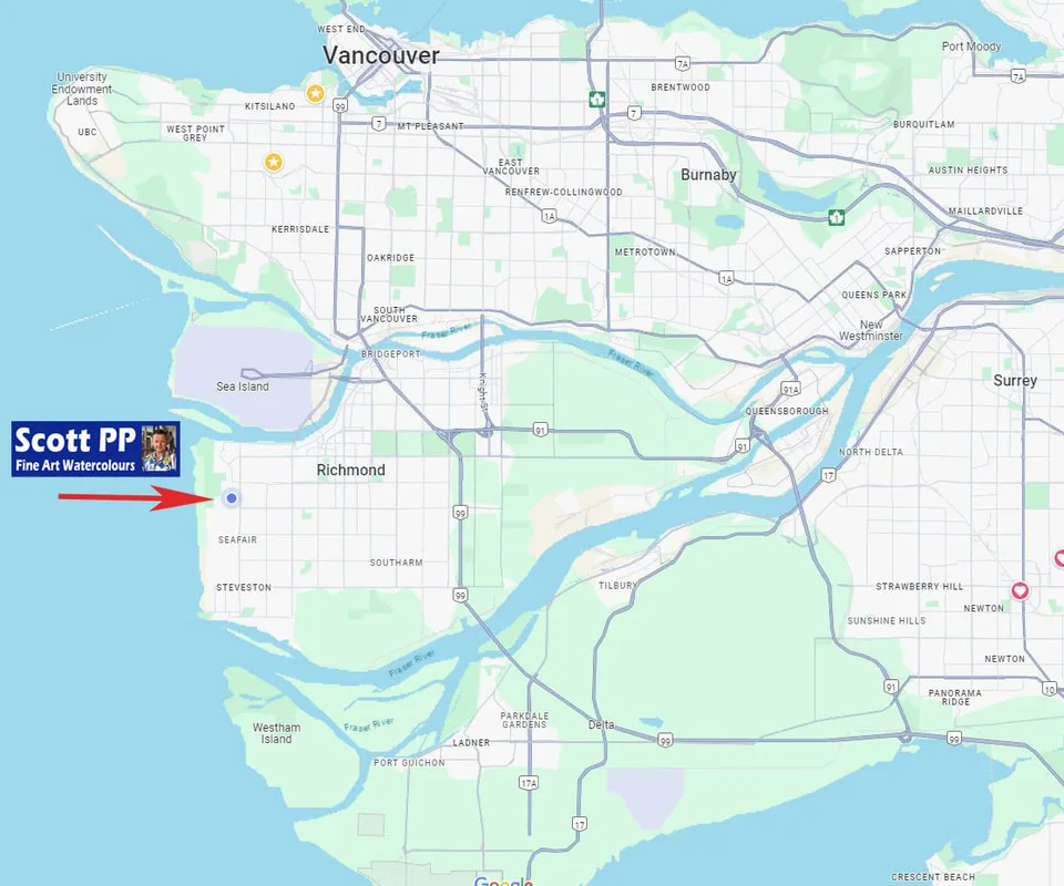 Map of lower Vancouver and Richmond with a red arrow and logo showing the location of artist Scott Pleydell-Pearce' gallery.